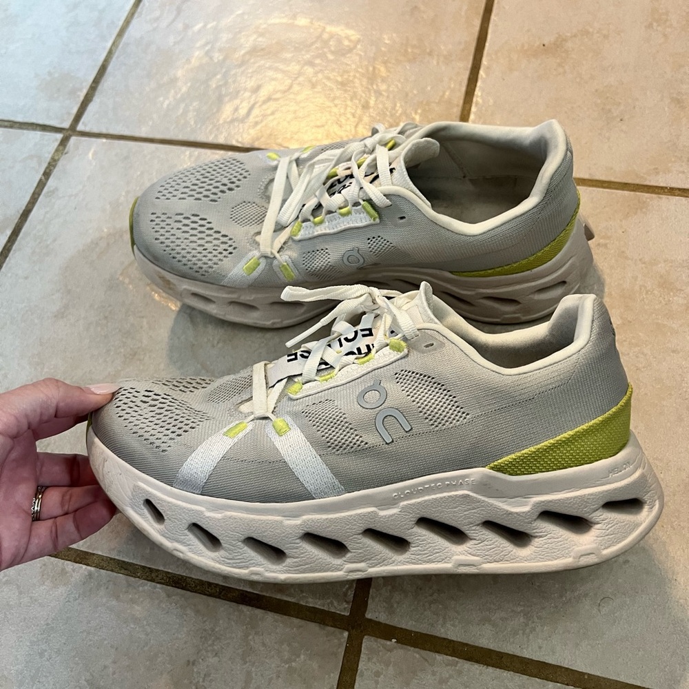 On Running Cloudeclipse Shoes in Gray and by White with Lime Accents